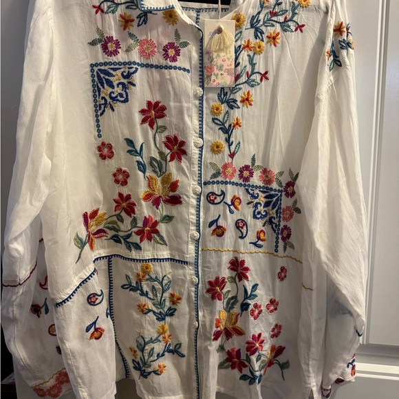 Johnny Was White Blouse with Colorful Embroidery. Probably could use a tank top. - Picture 1 of 8
